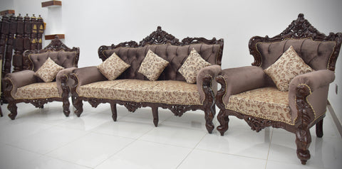 Handcrafted Solid Wood Sofa Set (3-Seater + 2 Singe Chairs) it comes with wooden table and carpet