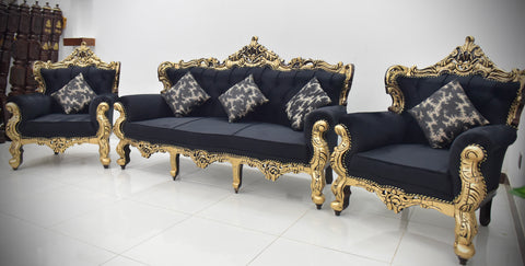 Handcrafted Solid Wood Sofa Set (3-Seater + 2 Single Chairs-matching table and carpet ￼