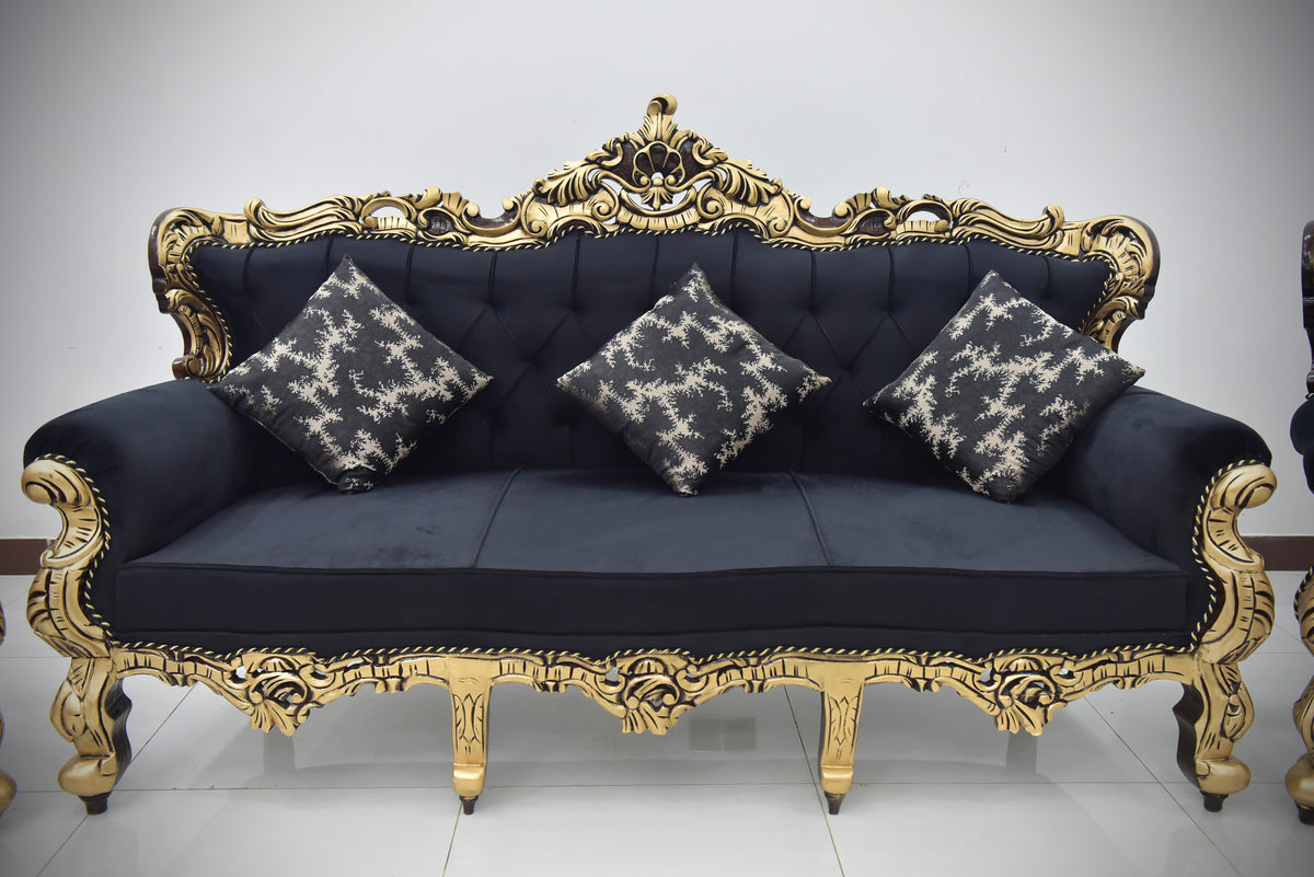 Handcrafted Solid Wood Sofa Set (3-Seater + 2 Single Chairs-matching table and carpet ￼