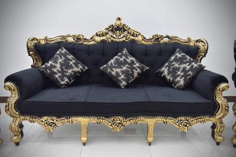 Handcrafted Solid Wood Sofa Set (3-Seater + 2 Single Chairs-matching table and carpet ￼