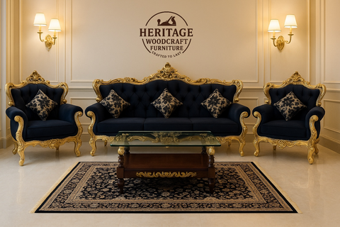 Handcrafted Solid Wood Sofa Set (3-Seater + 2 Single Chairs-matching table and carpet ￼