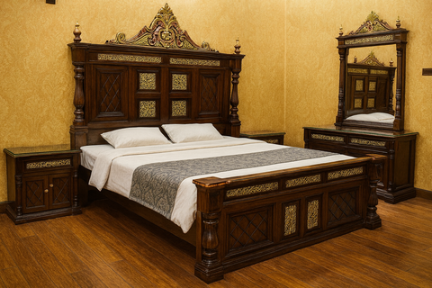Luxury Handcrafted Royal Wooden Bedroom Set – King Size Bed, 2 Bedside Tables & Mirror Dressing Table