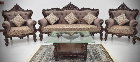 Handcrafted Solid Wood Sofa Set (3-Seater + 2 Singe Chairs) it comes with wooden table and carpet