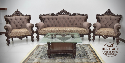 Handcrafted Solid Wood Sofa Set (3-Seater + 2 Singe Chairs) it comes with wooden table and carpet
