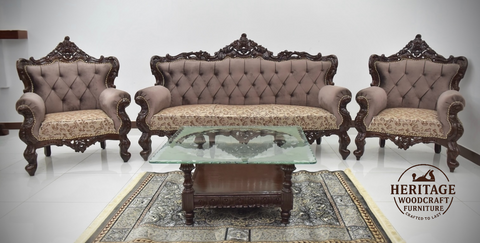 Handcrafted Solid Wood Sofa Set (3-Seater + 2 Singe Chairs) it comes with wooden table and carpet