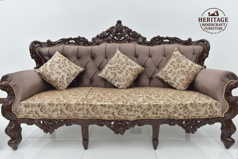 Handcrafted Solid Wood Sofa Set (3-Seater + 2 Singe Chairs) it comes with wooden table and carpet