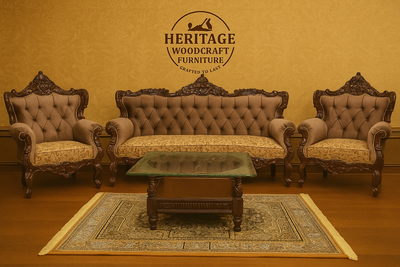 Handcrafted Solid Wood Sofa Set (3-Seater + 2 Singe Chairs) it comes with wooden table and carpet