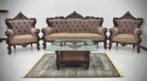 Handcrafted Solid Wood Sofa Set (3-Seater + 2 Singe Chairs) it comes with wooden table and carpet