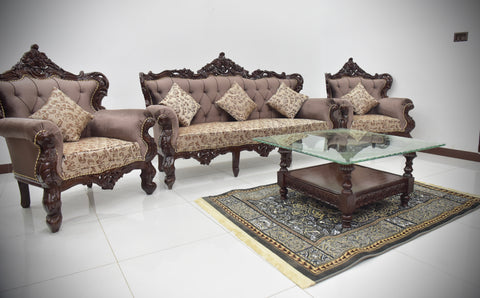 Handcrafted Solid Wood Sofa Set (3-Seater + 2 Singe Chairs) it comes with wooden table and carpet