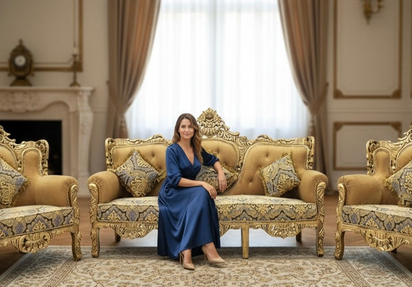 Handcrafted Solid Wood Sofa Set (3-Seater + 2 Single Chairs)