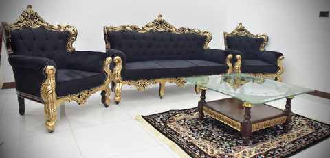 Handcrafted Solid Wood Sofa Set (3-Seater + 2 Single Chairs-matching table and carpet ￼