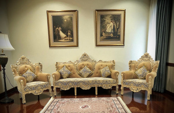 Handcrafted Solid Wood Sofa Set (3-Seater + 2 Single Chairs)