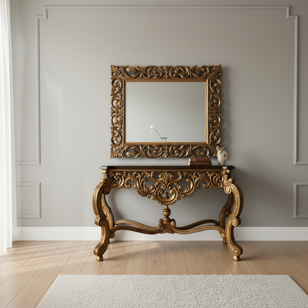 Handcrafted Wooden Mirror Console Set