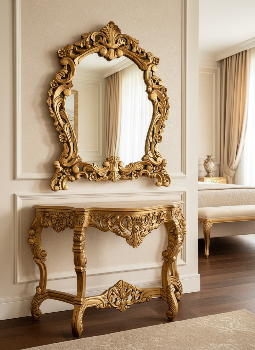 Handcrafted Wooden Mirror Console Set