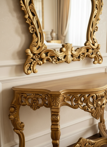 Handcrafted Wooden Mirror Console Set